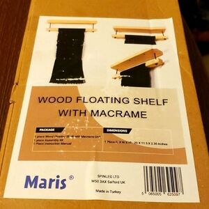 Maris Wood Floating Shelf with Black Macrame Organizing Accent Pocket & Hooks